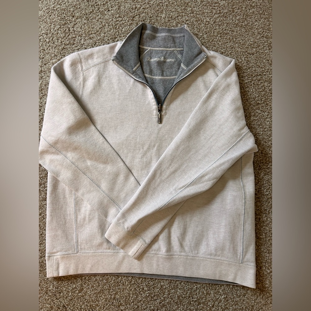 Tommy Bahama Men's Light Beige Quarter-Zip Sweatshirt with Turquoise Trim